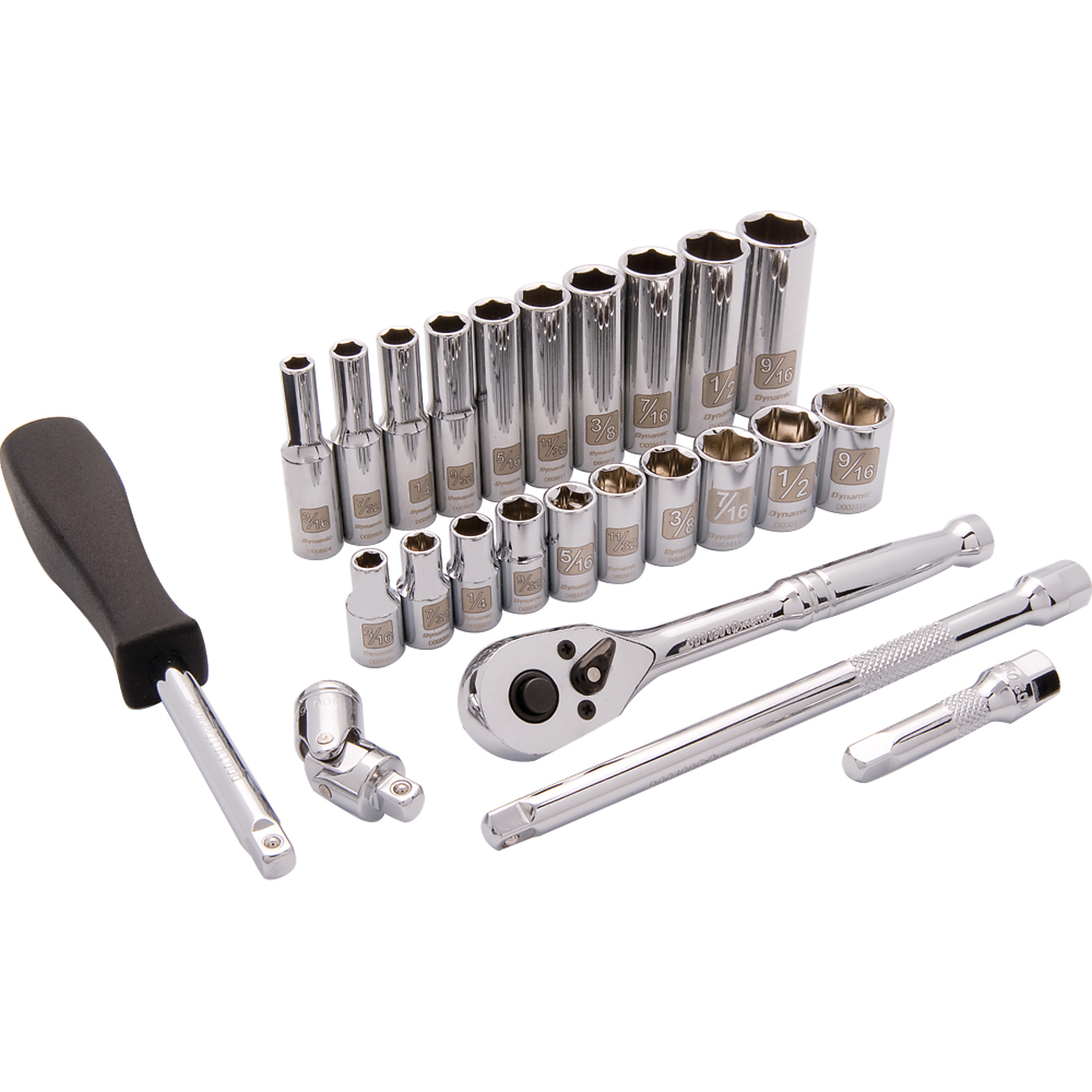 Dynamic Tools, 1/4in. 6 Point SAE Standard/Deep Socket Set, Measurement Standard Standard (SAE), Pieces (qty.) 25 Socket Set Type 1/4in. Drive Sets, Model# D004005
